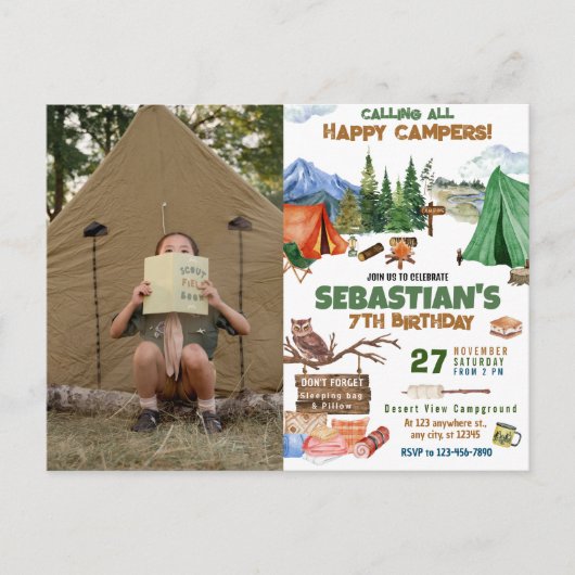 Carte Postale Fête d'anniversaire camping pour enfants modernes (Devant)