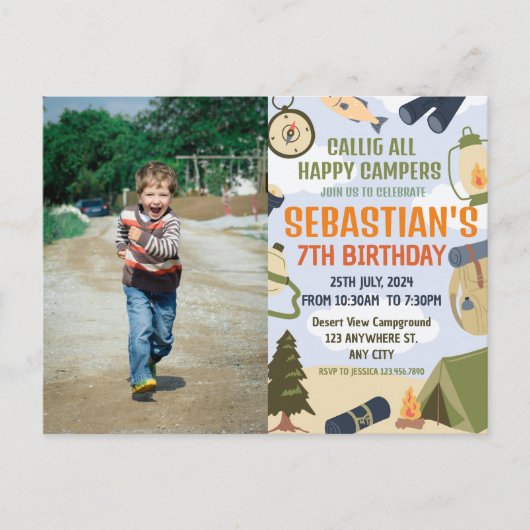 Carte Postale Fête d'anniversaire camping pour enfants modernes (Devant)