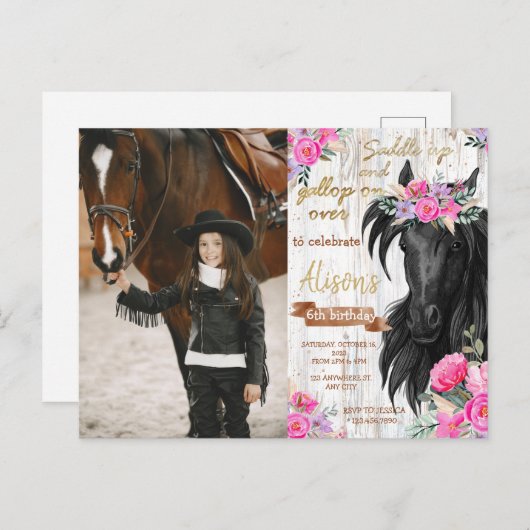 Carte Postale Fête d'anniversaire Cheval thème rustique Cowgirl (Devant / Derrière)