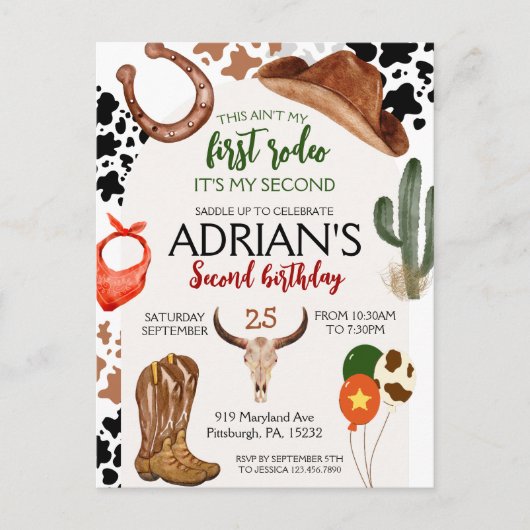 Carte Postale Fête d'anniversaire Cowboy 2ème anniversaire de Ro (Devant)