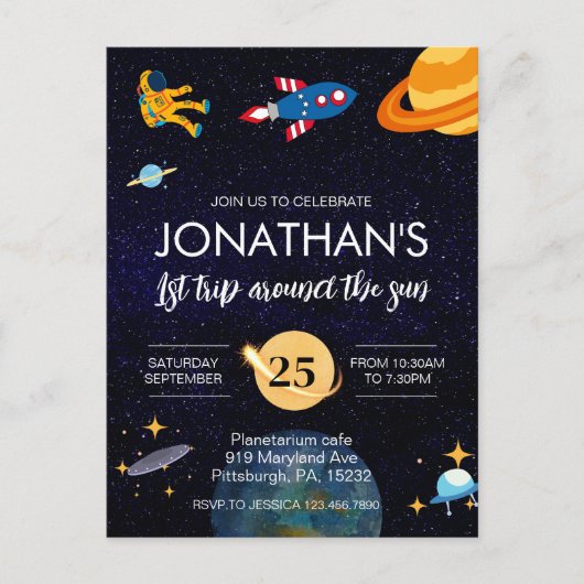 Carte Postale Fête d'anniversaire dans l'espace pour les 1 an d' (Devant)