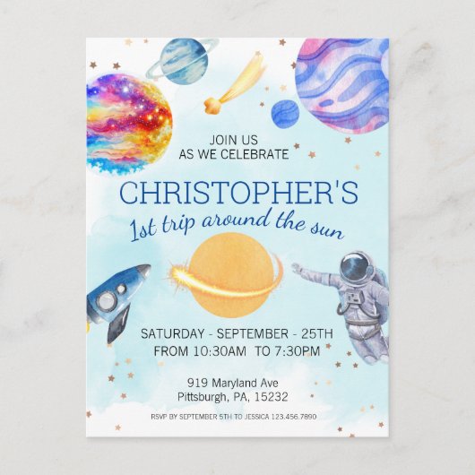 Carte Postale Fête d'anniversaire dans l'espace pour un petit as (Devant)