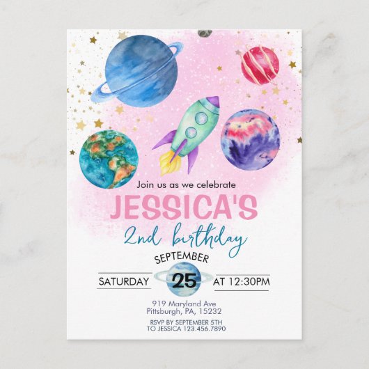 Carte Postale Fête d'anniversaire d'astronaute pour une fille ro (Devant)