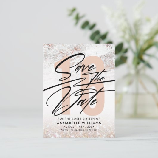 Carte Postale Fête d'anniversaire de 16 ans Rose Gold Marble Enr (Debout devant)