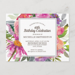 Carte Postale Fête d'anniversaire de 60 ans aux fleurs aquarelle