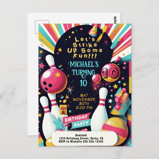 Carte Postale Fête d'anniversaire de bowling (Devant / Derrière)