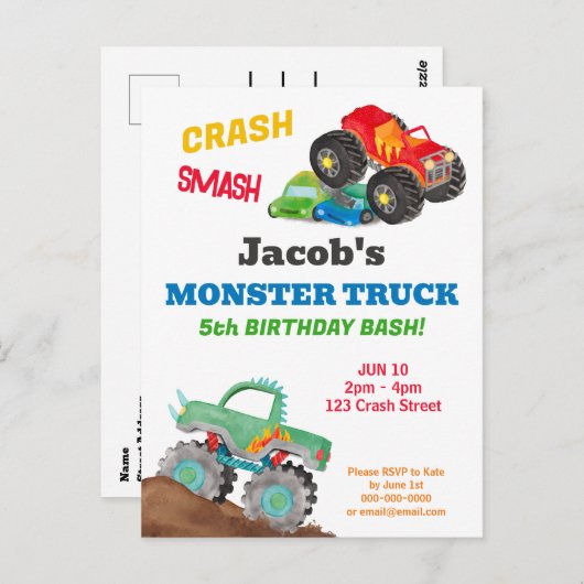 Carte Postale Fête d'anniversaire de camion monstre Crash Smash  (Devant / Derrière)