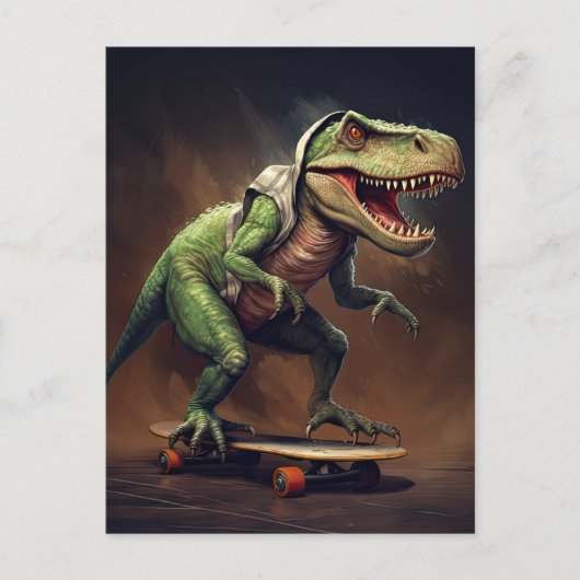 Carte Postale Fête d'anniversaire de dinosaure T-Rex sur skatebo (Devant)