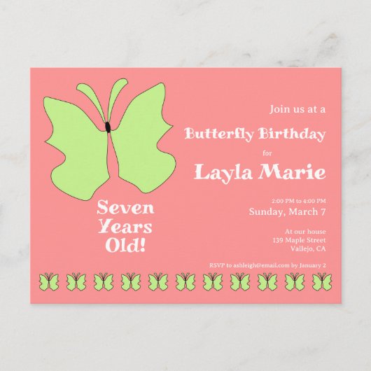 Carte Postale Fête d'anniversaire de papillon âgé de sept ans (Devant)