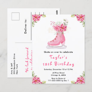 Carte Postale Fête d'anniversaire de patinage sur glace rose