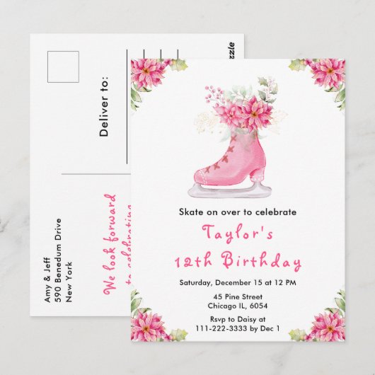 Carte Postale Fête d'anniversaire de patinage sur glace rose (Devant / Derrière)