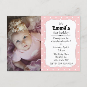 Carte Postale Fête d'anniversaire de petite fille aux pois rose 