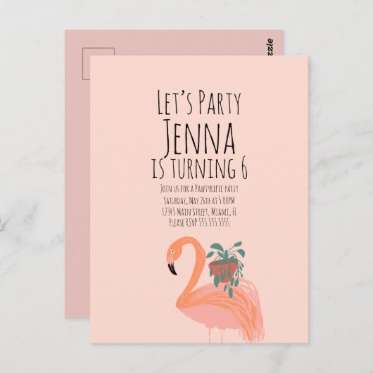 Carte Postale Fête d'anniversaire de plante de flamant rose mign (Devant / Derrière)