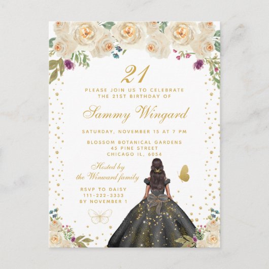 Carte Postale Fête d'anniversaire de princesse à la peau foncée  (Devant)