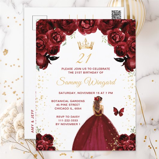 Carte Postale Fête d'anniversaire de princesse aux cheveux brun-