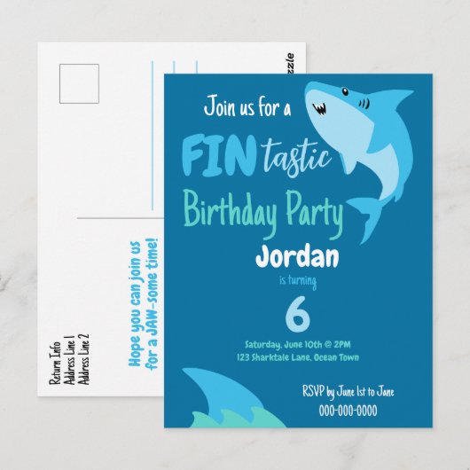 Carte Postale Fête d'anniversaire de requin fin-tastique pour en (Devant / Derrière)