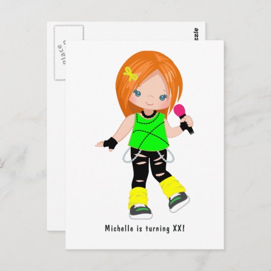 Carte Postale Fête d'anniversaire de rock star fille aux cheveux (Devant / Derrière)