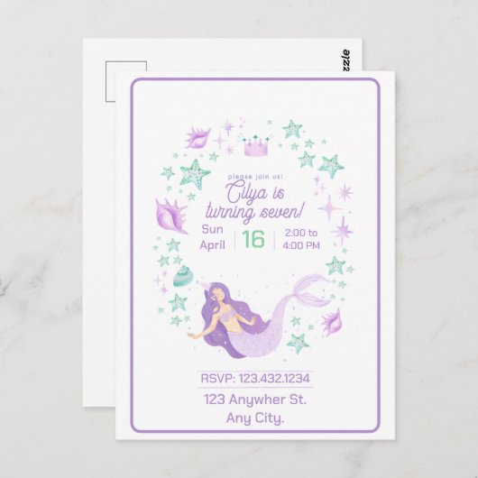 Carte Postale Fête d'anniversaire de sirène pour enfants Splash (Devant / Derrière)