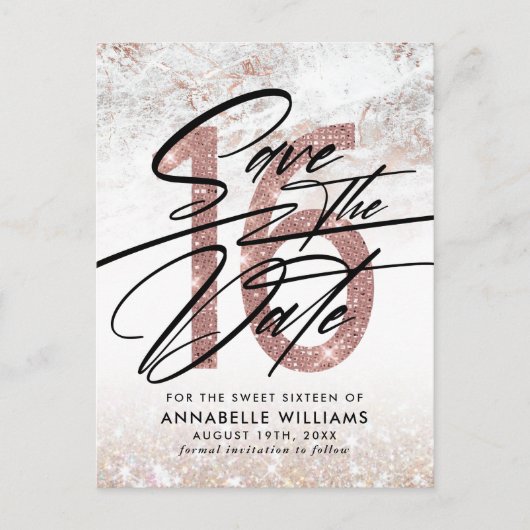 Carte Postale Fête d'anniversaire des 16 ans Rose Gold Marble Sa (Devant)