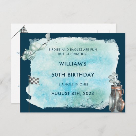Carte Postale Fête d'anniversaire des 50 ans de golf Aquarelle (Devant / Derrière)