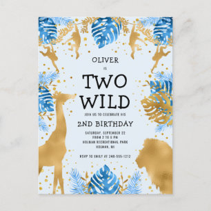 Carte Postale Fête d'anniversaire des garçons 2 ans Bleu pâle Or
