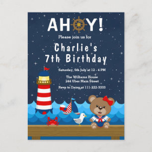 Carte Postale Fête d'anniversaire fille nautique ours rouge et m