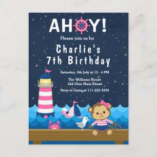 Carte Postale Fête d'anniversaire fille nautique singe rose et m