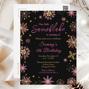Carte Postale Fête d'anniversaire flocons de neige or et rose