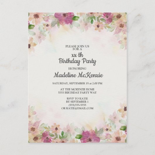 Carte Postale Fête d'anniversaire florale aquarelle rose violet (Devant)