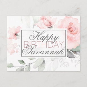 Carte Postale Fête d'anniversaire florale rose aquarelle personn