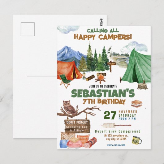 Carte Postale Fête d'anniversaire garçon aventure camping plein  (Devant / Derrière)