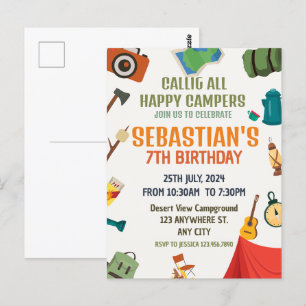 Carte Postale Fête d'anniversaire garçon aventure camping plein