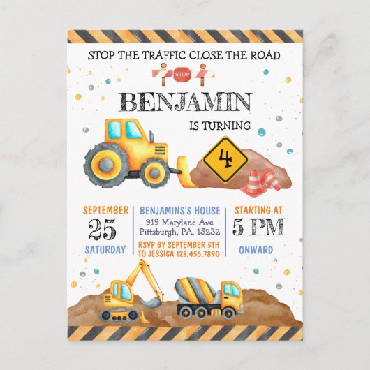 Carte Postale Fête d'anniversaire garçon mignon véhicules de con (Devant)