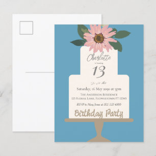 Carte Postale Fête d'anniversaire gâteau floral rose 