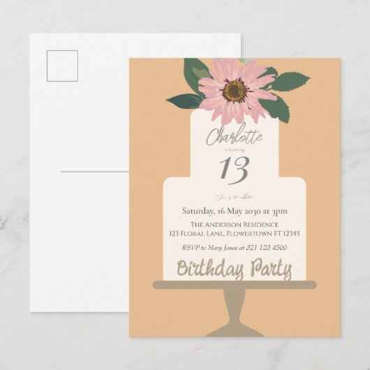 Carte Postale Fête d'anniversaire gâteau floral rose  (Devant / Derrière)