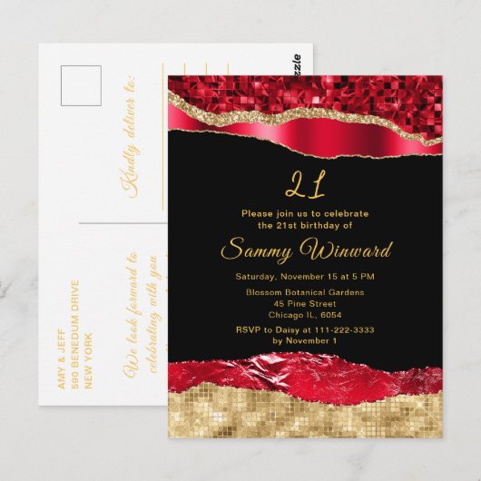 Carte Postale Fête d'anniversaire Glamour Larmes Rouge et Or (Devant / Derrière)