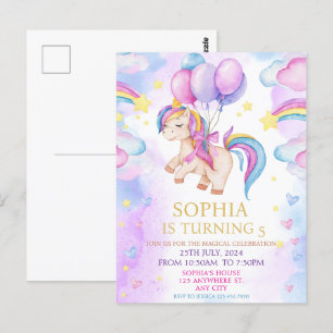 Carte Postale Fête d'anniversaire licorne magique aquarelle viol