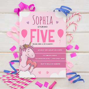 Carte Postale Fête d'anniversaire licorne magique rose 5 ans