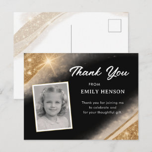 Carte Postale Fête d'anniversaire photo paillettes noir or éléga