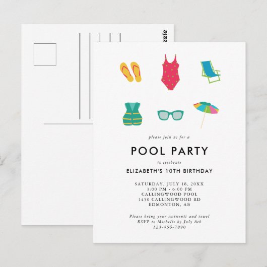 Carte Postale Fête d'anniversaire Piscine Minimal Simple Couleur (Devant / Derrière)