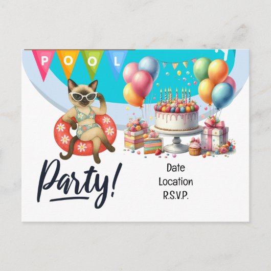 Carte Postale Fête d'anniversaire Piscine pour Chat pour les amo (Devant)