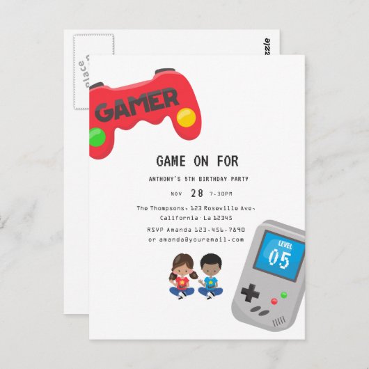 Carte Postale Fête d'anniversaire pour jeux vidéo (Devant / Derrière)