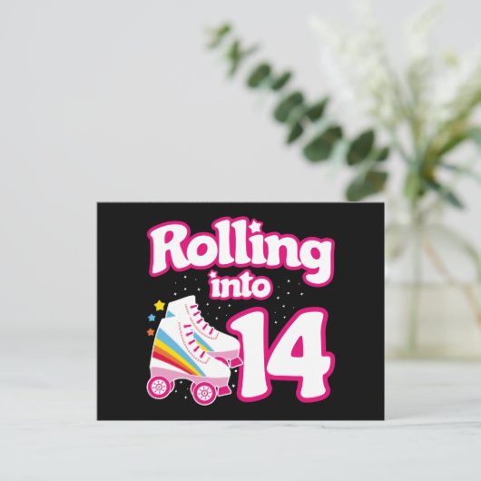 Carte Postale Fête d'anniversaire pour les 14 ans en patins à ro (Debout devant)