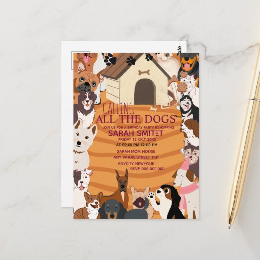 Carte Postale Fête d'anniversaire pour tous les chiens faisons (Devant/Arrière en situation)