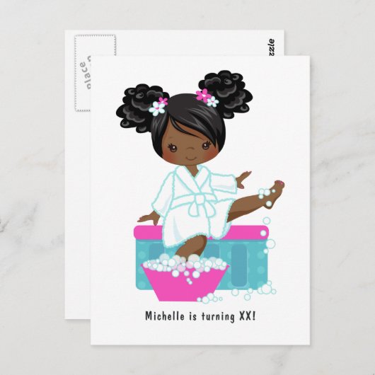 Carte Postale Fête d'anniversaire pyjama Spa pour fille afro-amé (Devant / Derrière)