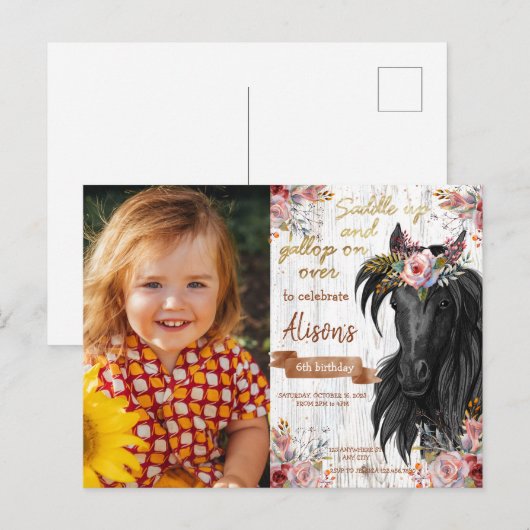 Carte Postale Fête d'anniversaire rose mignonne de cheval (Devant / Derrière)