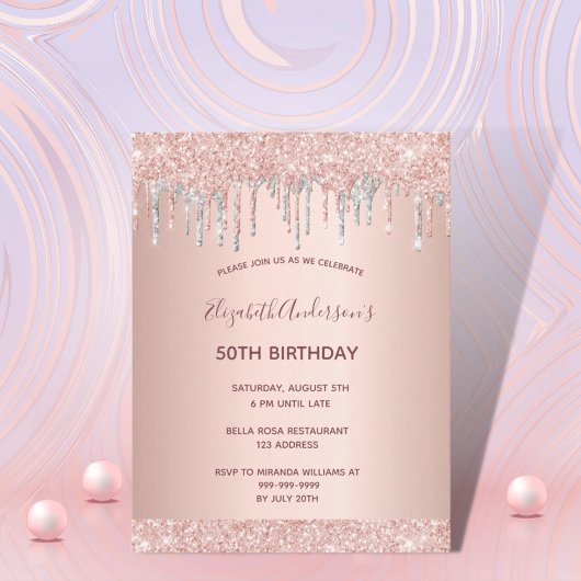 Carte Postale fête d'anniversaire rose or parties scintillant ar