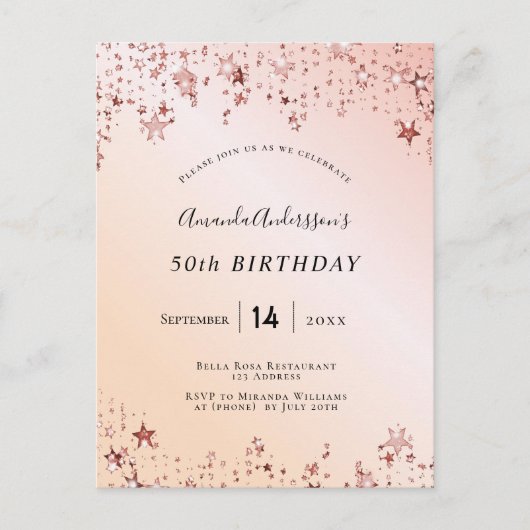 Carte Postale Fête d'anniversaire rose or rousse rose étoiles mo (Devant)