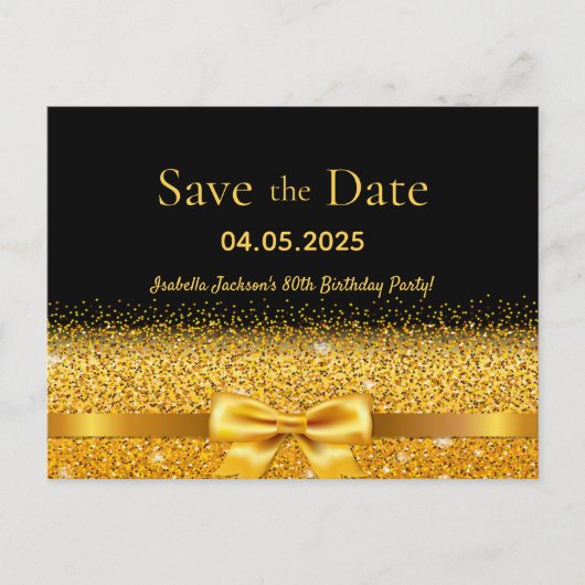 Carte Postale Fête d'anniversaire ruban noir or save the date (Devant)