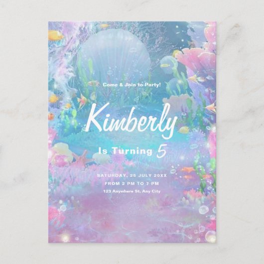 Carte Postale Fête d'anniversaire sirène pour filles sous la mer (Devant)